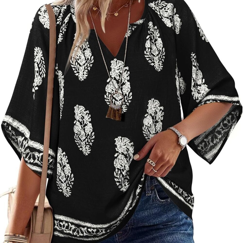 Womens 3/4 Sleeve V Neck Bohemian Peasant Blouses Casual Loose Fit Tunic Tops